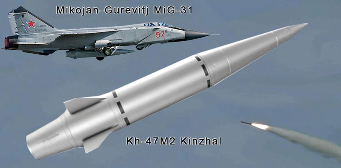 Kh-47M2 Kinzhal har en räckvidd på minst 460 km och en teoretisk topphastighet på Mach 10. Den kan avfyras från en Tu-22M3 bombflyg, MiG-31K jaktplan eller modifierade Su-34 jaktbombflyg.