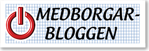 Medborgarbloggens logga; En röd på/av-knapp med namnet på sidan mot ett blåfärgat rutnät.