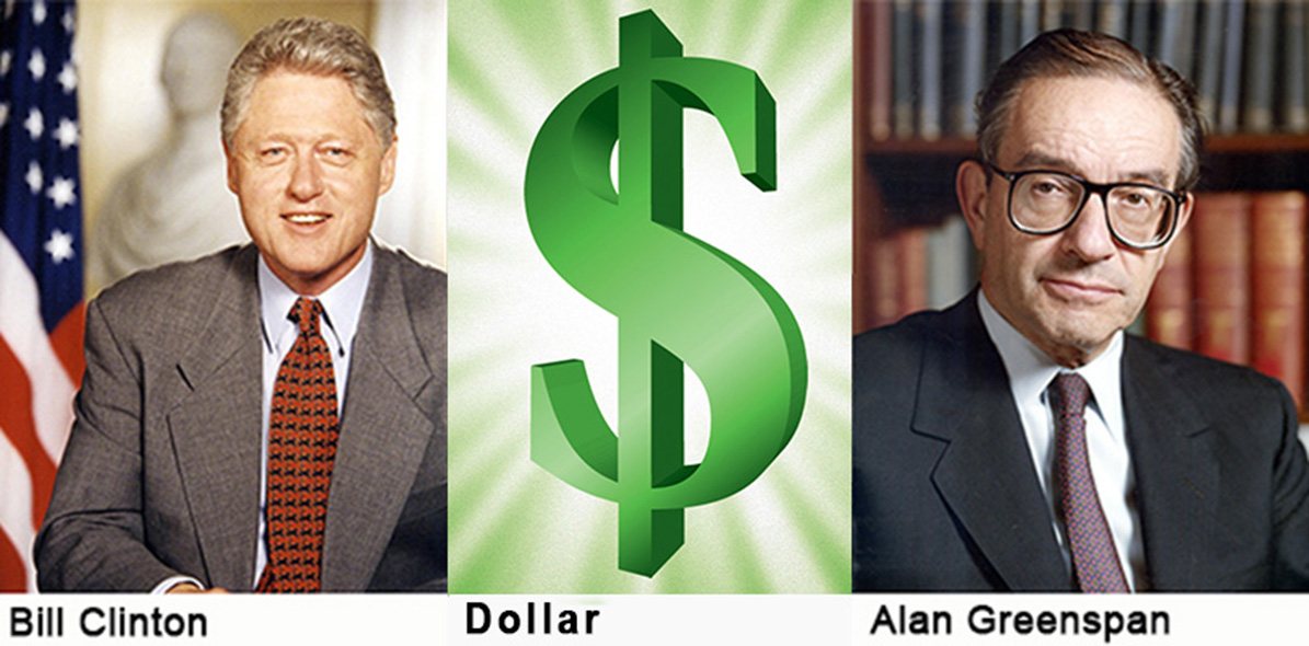 den amerikanske presidenten Bill Clinton och Federal Reservs chef alen Greenspan var drivande för den fria marknadsekonomin