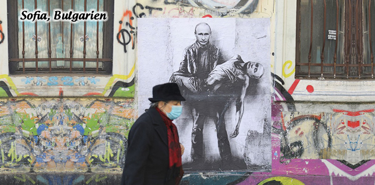 Folkmordet i Ukraina både utmanar och inspirerar världens konstnärer. En uttrycksfull väggmålning av okänd artist, som kan ses i Sofia.
