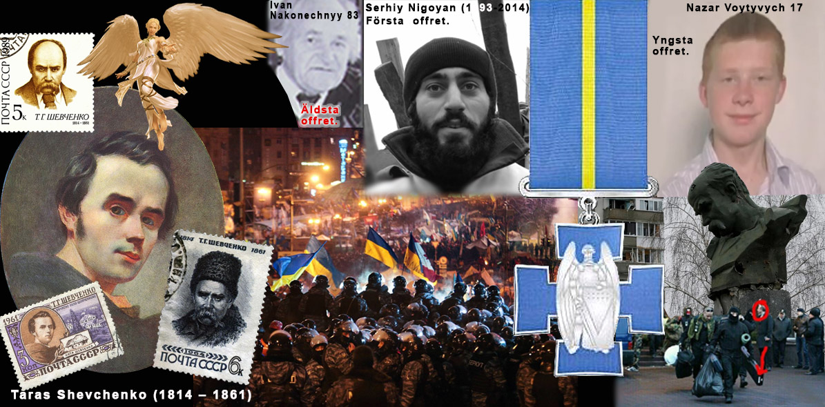 Taras Shevchenkos (1814-1861), Ukrainas nationalpoet och frihetssymbol framför andra och några änglar..