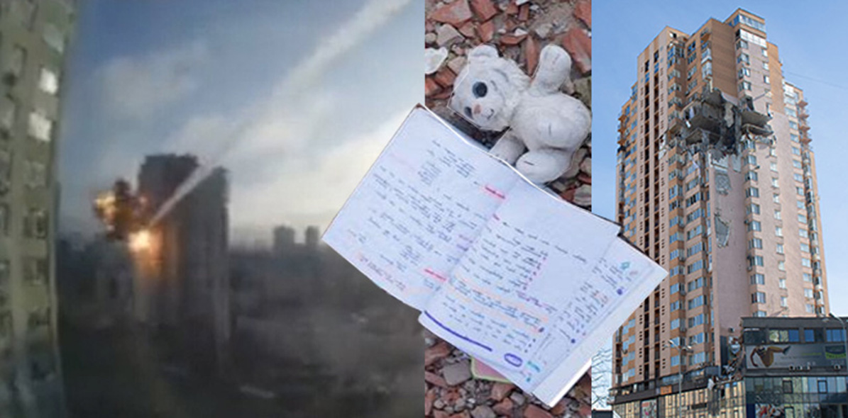 Vy över bostadshuset på 6A Lobanovsky Avenue, i Kiev, vilken träffades av en missil 2022-02-26. För att mörka och/eller förneka detta illdåd utvecklar propagandan och Konashenkov en hel vetenskap över det inträffade – nys alltihop!