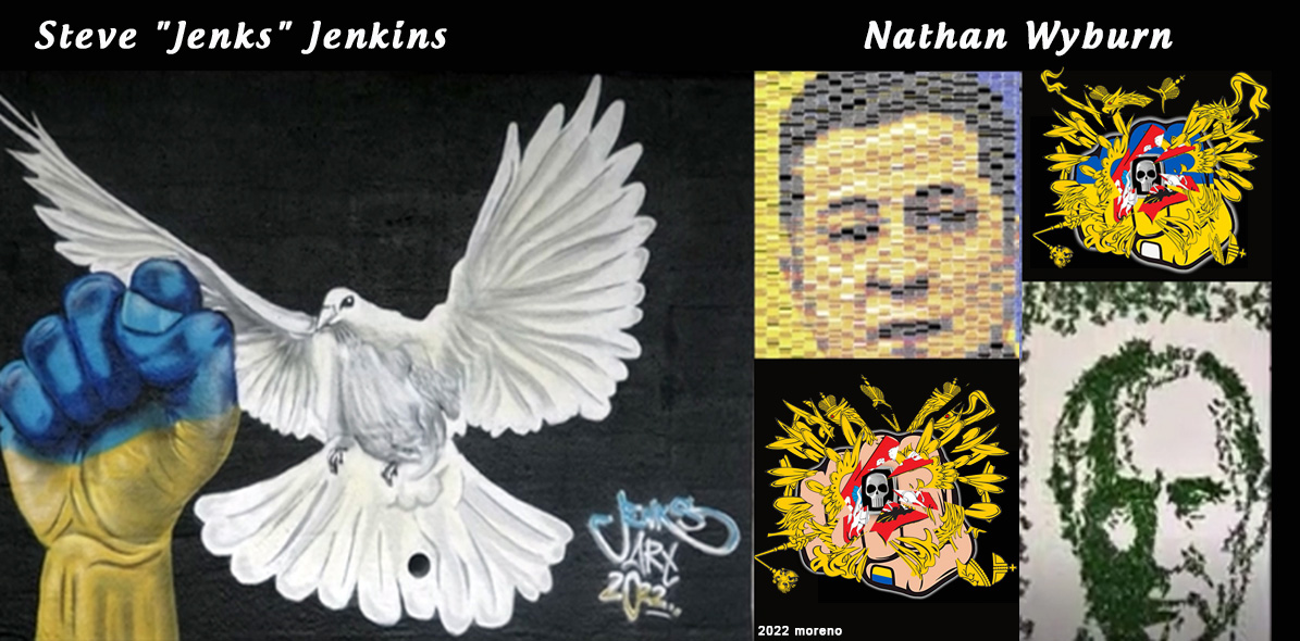 Gatuartister Steve "Jenks" Jenkins och popkonstnären Nathan Wyburn, och jag.
