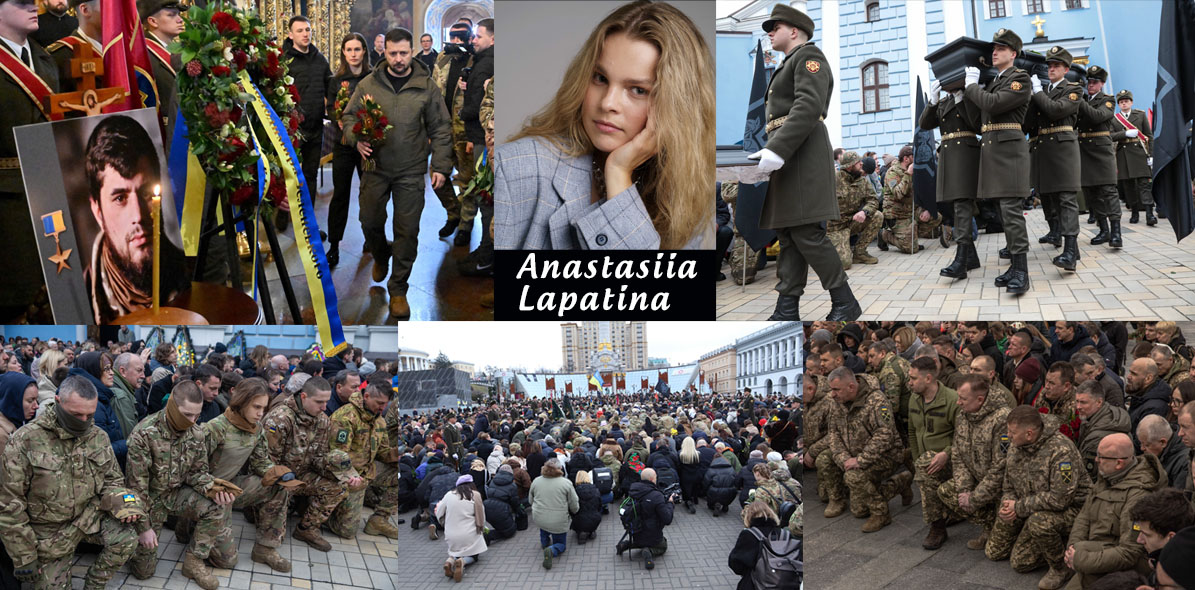 Finlands statsminister Marin och Zelenskyy med blommor under minnesstunden för Dmytro "Da Vinci" Kotsiubailo i Kiev den 10 mars 2023. Hundratals människor knäböjer på Maidantorget som ett sista farväl