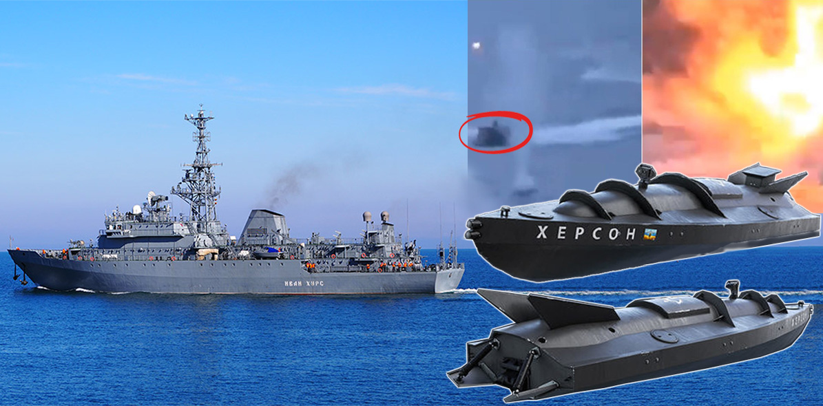 Spionfartyget Ivan Khur. Klippet visar hur en av drönarna detonerar bakom Krigsskeppet och tryckvågen träffar Ivan Khur. 