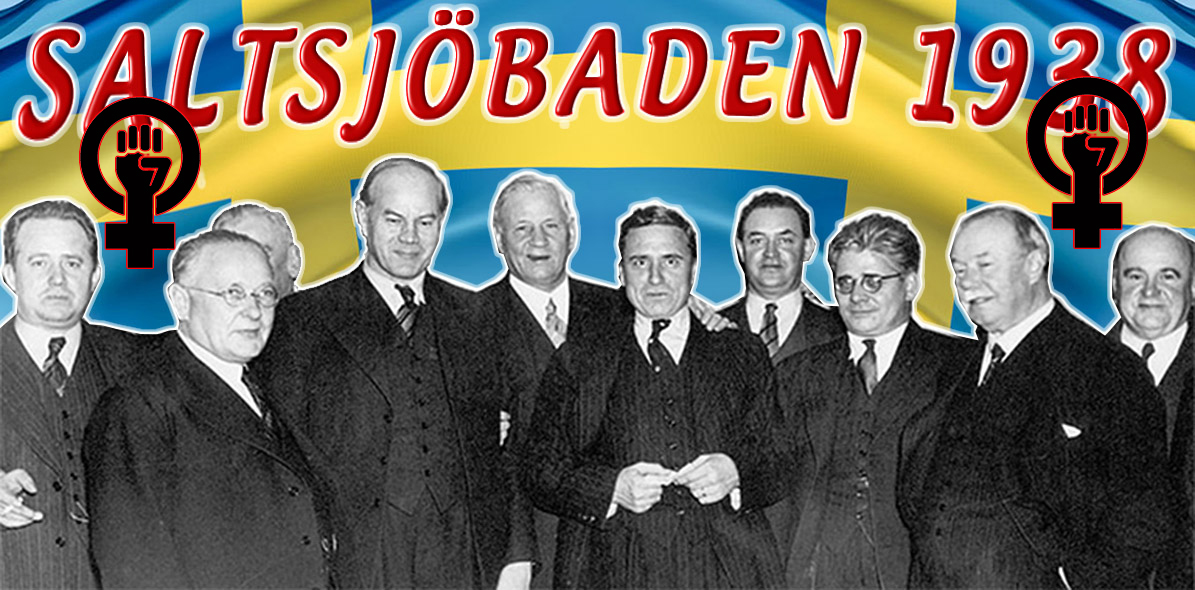 Saltsjöbaden 1938, där kapitalet och facket i god korporativ ordning överenskom om; fred på arbetsmarknaden mot en skälig del av det ekonomiska överskottet. De ser nöjda ut, patriarkatet – eller hur?