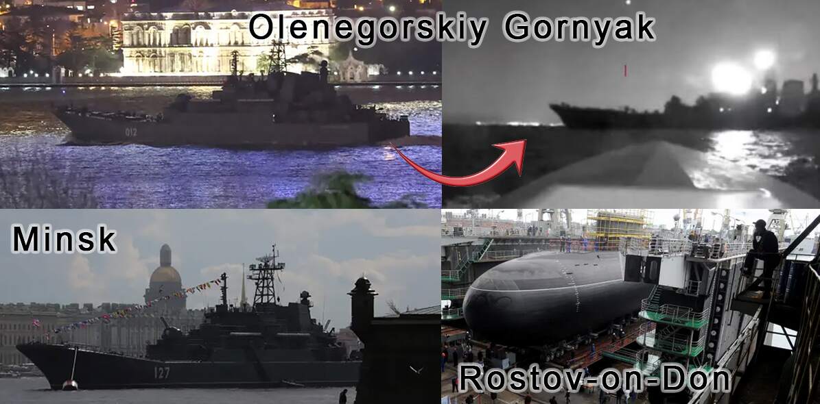 Den Ryska Svartahavsflottan blir decimerad fartyg för fartyg av de uppfinningsrika ukrainarna och deras pyttelilla marin. Dessa skepp har sänkts eller skadats. Olenegorskiy Gornyak 2023-08-04, Minsk och Rostov-on-Don 2023-09-13.