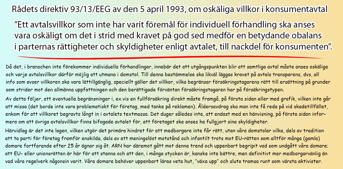 Bestämmelse från Rådets direktiv 93/13/EEG av den 5 april 1993, om oskäliga villkor i konsumentavtal
och kommentar om vad EU:s rättsakt innebär rent praktiskt, samt hur den kan användas.