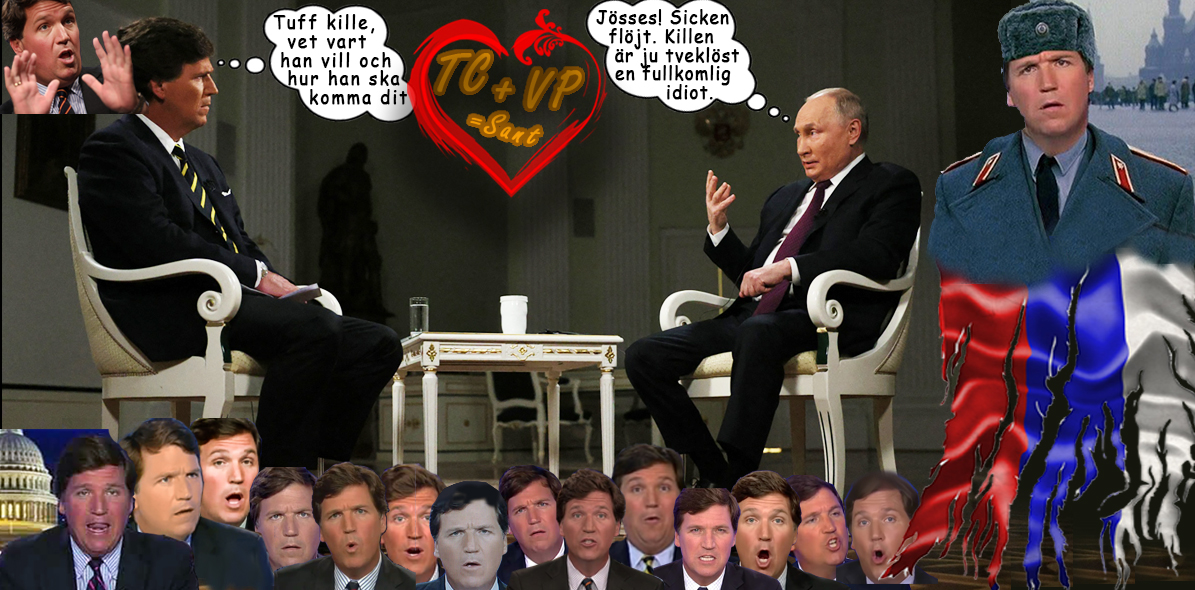 Tucker Carlson intervjuar Putin i Kreml, feb 2024. Putin har rätt, Tucker är en idiot som låter sig utnyttjas, och som ger en diktator det fria ord han förvägrar alla andra ryssar.