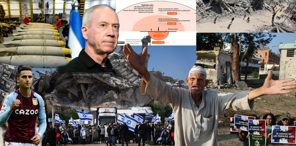 Krigsminister Gallant är ingen snäll människa, det syns väl? Försöker radera Palestina komplett med amerikanska bomber, missiler, drönare, artilleri, marktrupper och stridsflyg, fast det verkar gå smått med den saken.