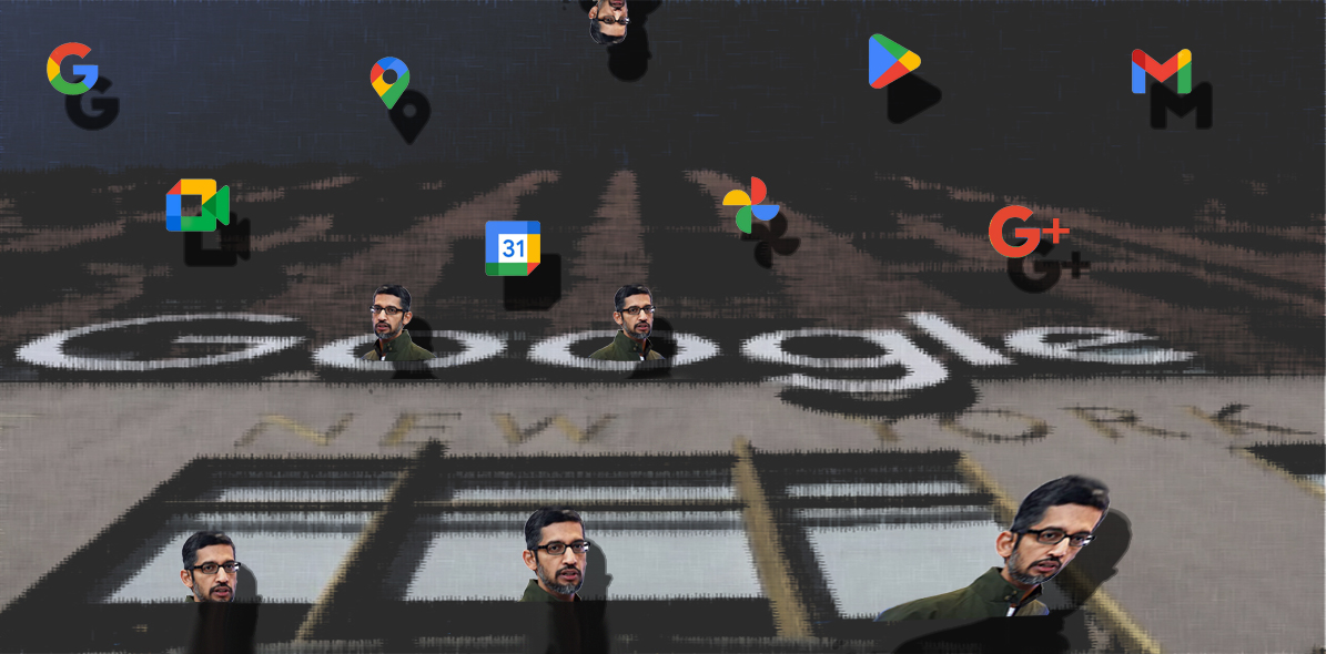 Google med sina så kallade gratistjänster, vilka blott är trojanska hästar och verktyg för verkställande direktören, den alltid så förbindlige, men tvärfalske Sundar Pichai, att spionera på hela världen med.