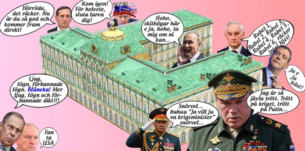 Här syns Putin, Polarna & Kreml, utan oligarkerna, men med extremhökarna; fjanten Medvedev, lögnhalsen Lavrov, KGB-Narysjkin, KGB-Bortnikov, korkade Belousov och bebisen Shoigu, samt en dödstrött general Gerasimov och USA-hataren, Patrushev.