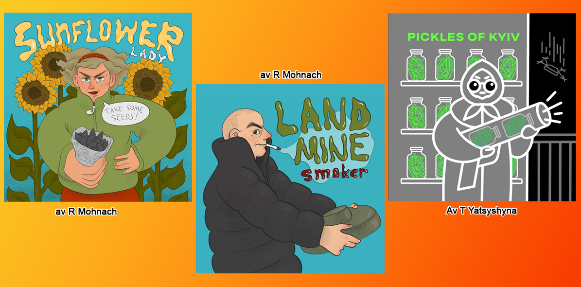 Illustration 5. Innehåller tre häftiga storys, vilka spänner mellan en äldre dams solrosfrön, över handuppgrävda stridsvagnsminor till drönarbekämpning med en burk pickels eller tomater. Detta har blivit folkkonst.