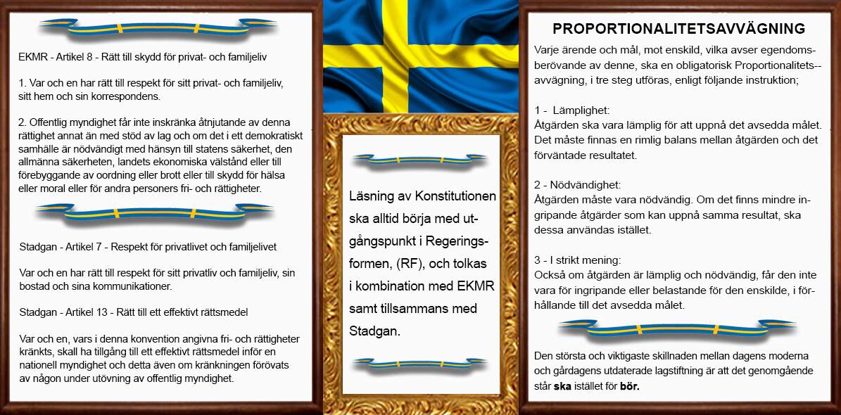 Skyddet för privatlivets helgd i Regeringsformen, (RF), EKMR och Stadgan är synnerligen starkt, det ska till mycket starka och angelägna allmänna intressen, innan Staten tillåts störa dig i din privata sfär.