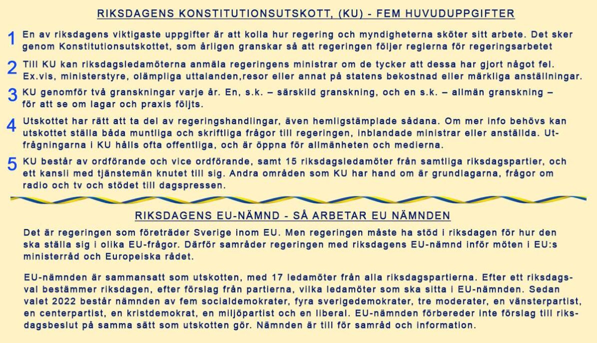 KU, ska hålla koll på, att regering, myndigheter och våra folkvalda, gör vad de ska. EU-nämnden ska hjälpa regeringen att komma i fas med EU. Uppenbart löser de varken eller!